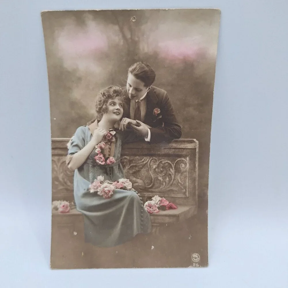 Vintage French Postcard Romantic Couple Floral Accents Handwritten 1919 Paris Ch